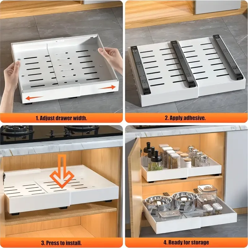 1 Pack Expandable Pull Out Cabinet Organizer, Heavy Duty Slide Out Drawers Adhesive With Nano Film, Adjustable Width 31cm-52cm, Pull Out Shelves For Kitchen Pantry Organization, White