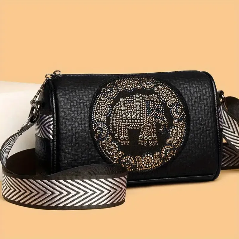 Women's Fashion Shoulder Bag, Trendy Boston Crossbody Bag With Geometric Pattern Strap, Elegant All-Match PU Leather Handbag