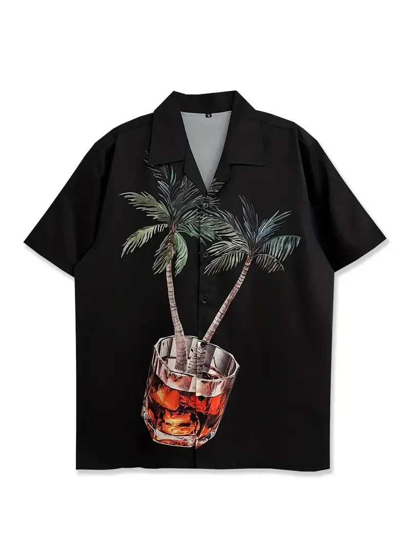 Coconut Tree And Wine Glass Print Men's Summer Fashionable And Simple Short Sleeve Button Casual Lapel Shirt, Trendy And Versatile, Suitable For Dates, Beach Holiday, As Gifts