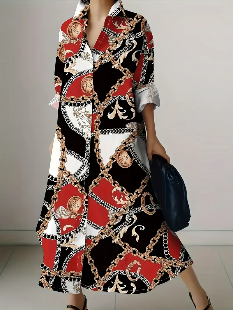 Chain Patchwork Print Button Up Shirt Dress, Vacation Long Sleeve Collared Loose Maxi Dress, Women's Clothing