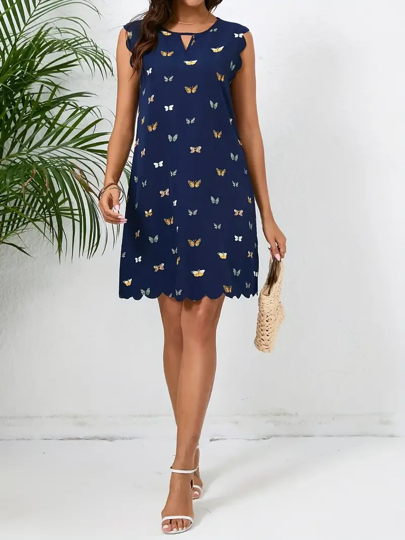 Butterfly Print Scallop Trim Dress, Versatile Cut Out Crew Neck Dress For Spring & Summer, Women's Clothing