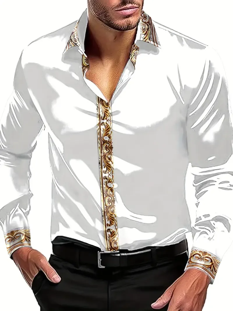 Men's Lapel Patchwork Long Sleeve Shirts, Casual Button Up Shirt For Formal Occasions