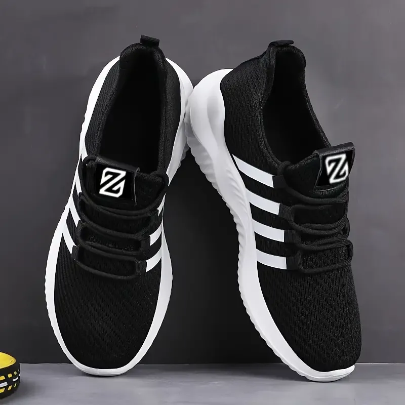 Men's Trendy Solid Colour Striped Woven Knit Breathable Running Shoes, Comfy Non Slip Lace Up Durable Sneakers For Men's Outdoor Activities