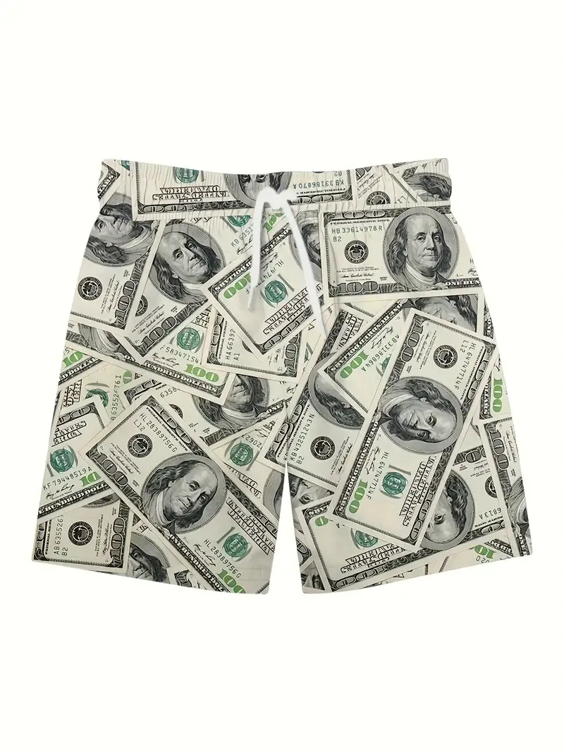 Men's Trendy Money Pattern Shorts With Pockets, Casual Breathable Elastic Waist Drawstring Shorts For Summer