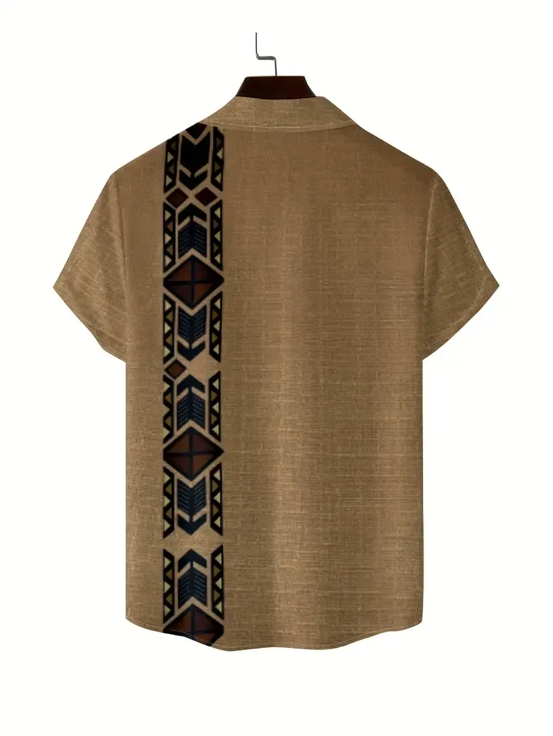 Men's Ethnic Tribal Pattern Short Sleeve Lapel Shirt For Summer, Casual Comfy Shirts As Gift