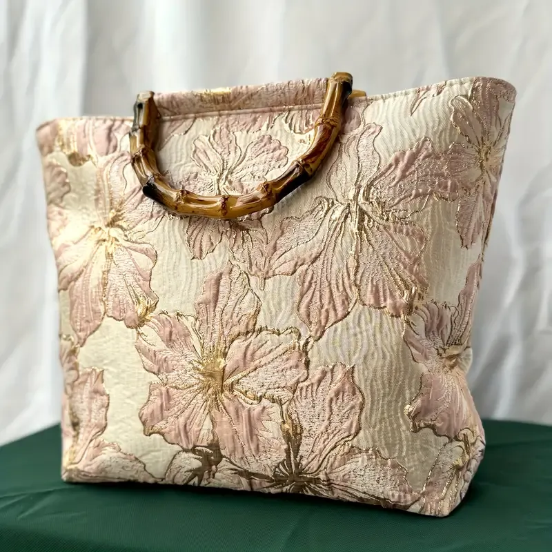 Double-Sided Floral Embroidery Bamboo Woven Tote Bag, Lightweight & Spacious, Stylish & Elegant Handbag With Adjustable Strap