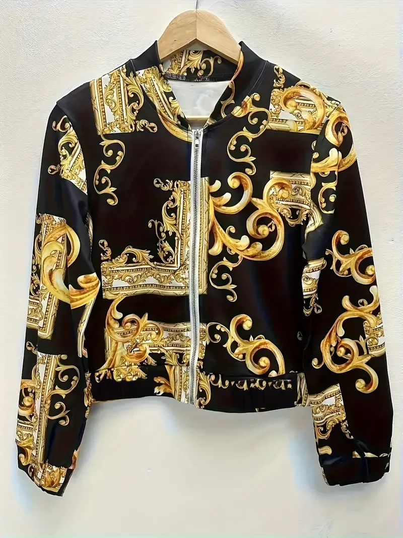 Plus Size Casual Jacket, Women's Plus Baroque Print Long Sleeve Zip Up Crop Bomber Coat