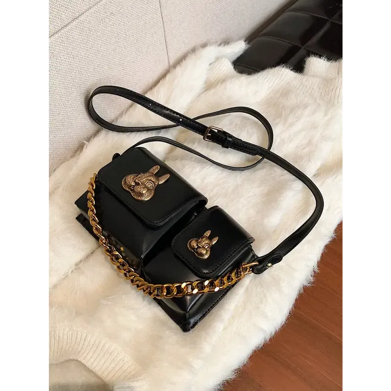 Retro Rabbit Head Decor Crossbody Bag, Trendy Chain Mini Handbag, Vintage Multi Pockets Shoulder Bag For Women