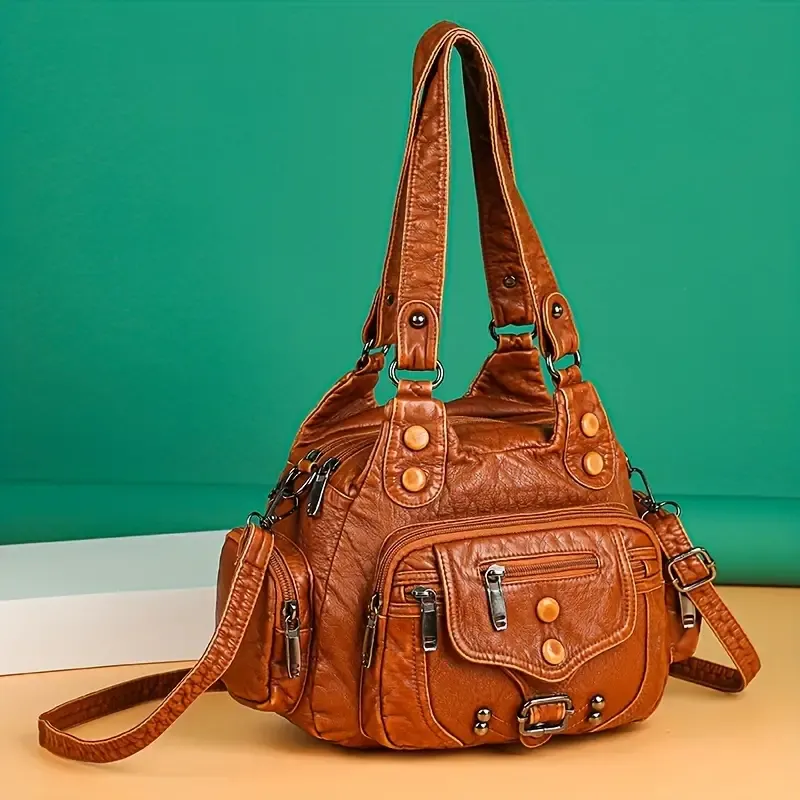 Vintage Style Hobo Shoulder Bag, All-Match Versatile Handbag For Women, Classic Textured Bag With Rivets Decor