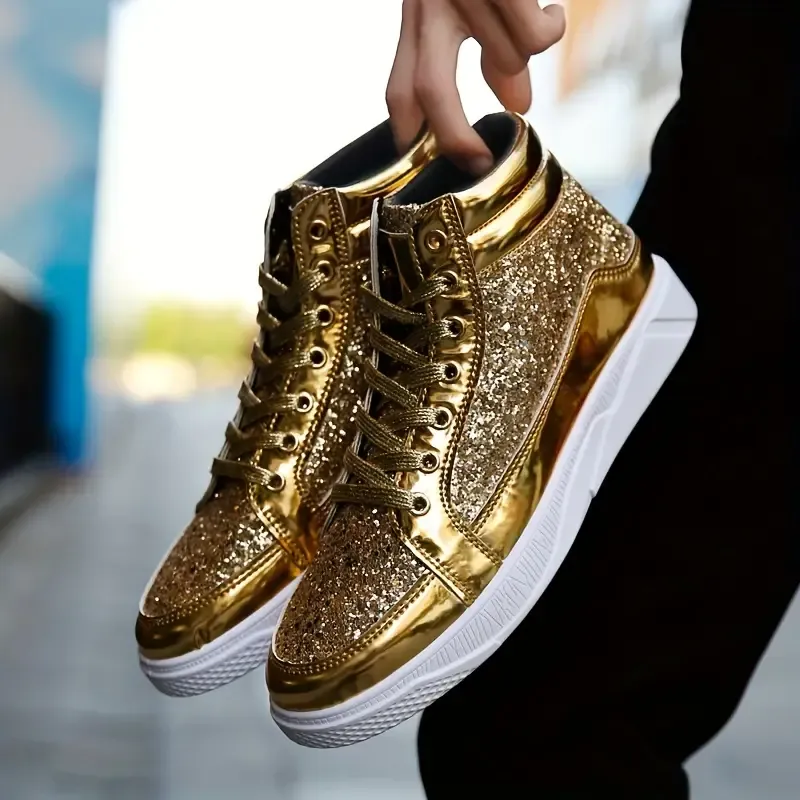 Men's Faux Patent Leather High Top Skate Shoes, Comfy Non Slip Street Style Sneakers For Men's Outdoor Activities