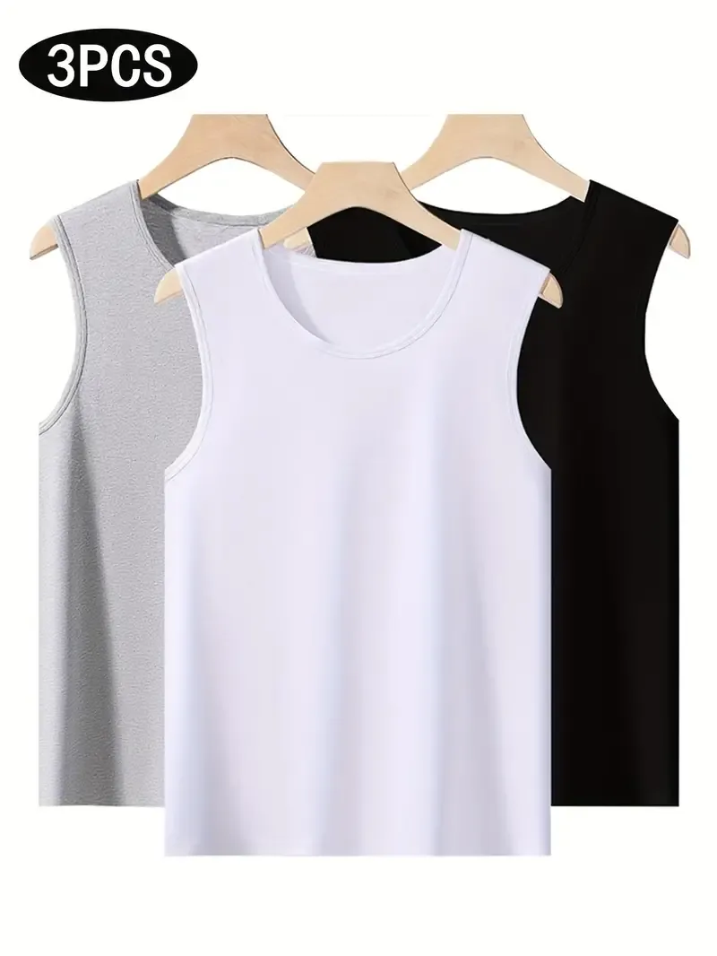 3pcs Men's Solid Sleeveless Sports Tank Top, Quick Dry Breathable Sweat-Wicking Round Neck Top Basic Style Fitness Gym Wear For Running Outdoor Training