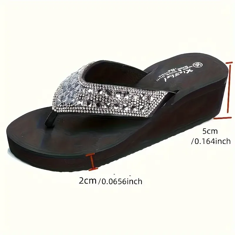 Women's Rhinestone Decor Flip Flops, Platform Summer Slip On Holiday Shoes, Non-slip Wedge Beach Slides
