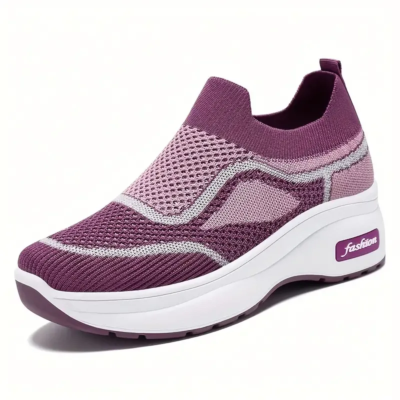 Women's Breathable Flying Woven Platform Sneakers, Casual Slip On Outdoor Shoes, Comfortable Low Top Shoes