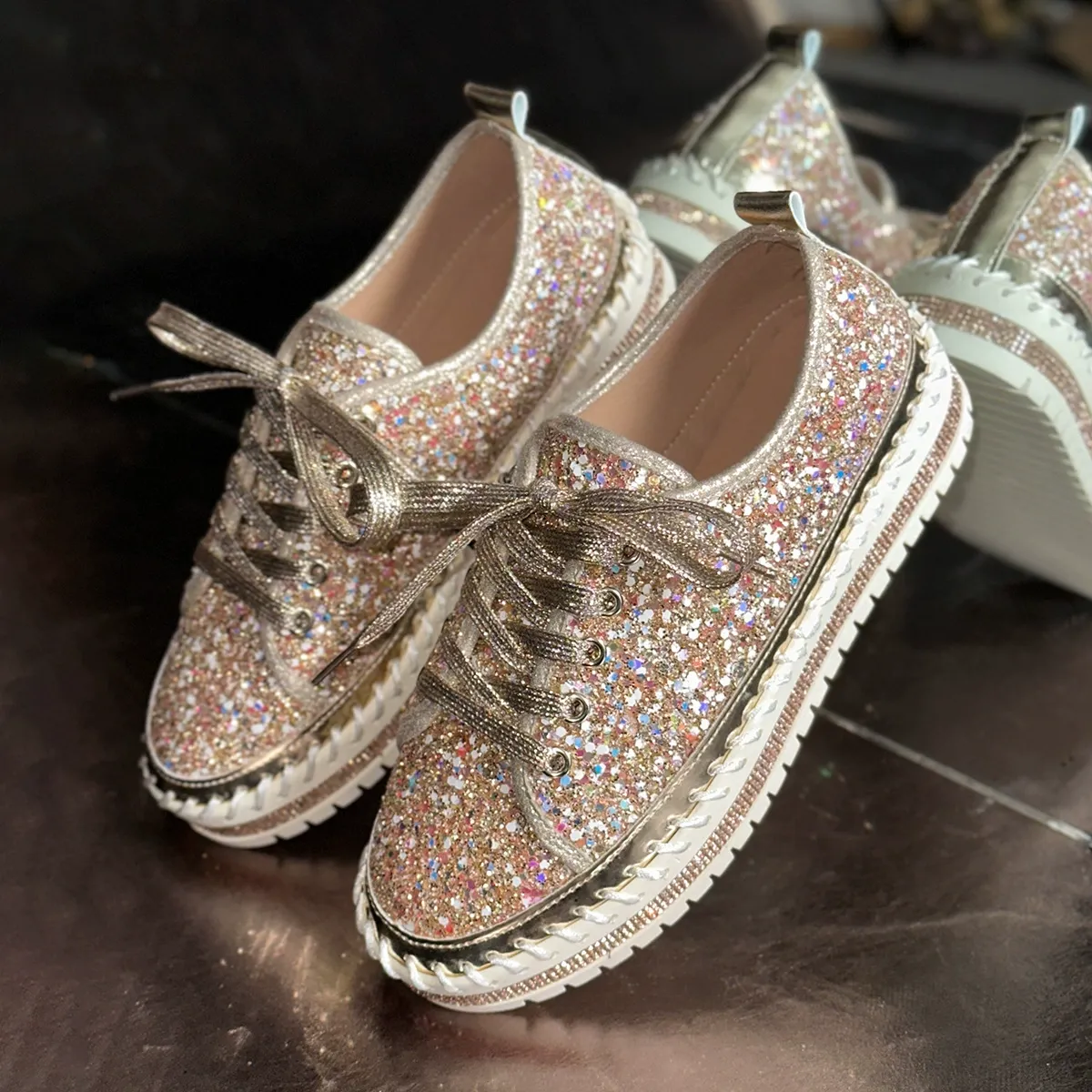 Women's New Arrival Korean-Style Platform Loafers with Rhinestones Sequined Slip-On Sneakers with Lace-Up Thick Soles Casual Athletic Footwear