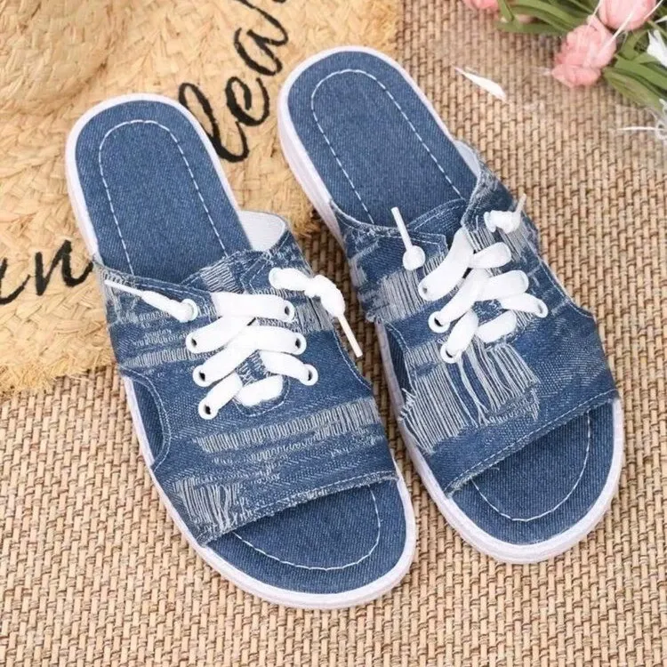 Flat-bottomed daily canvas one-line women's slippers