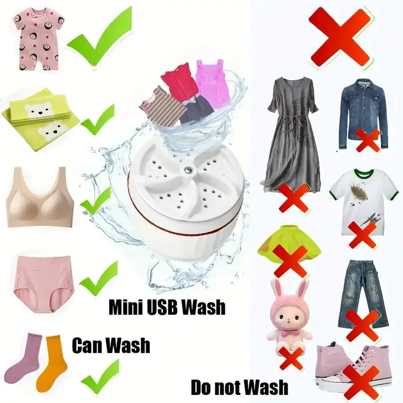 Portable Ultrasonic Turbo Washer, Mini Travel Washing Machine, Battery-Free, Plastic, for Dormitory, Home, and Travel Use
