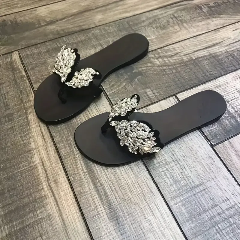 Women's Fashion Rhinestone Embellished Flat Sandals - Solid Color Slip-On Flip Flops with Superfine Fiber and Corduroy Upper, PVC Inner, Rubber Sole and Insole, Open Toe Casual Summer Shoes