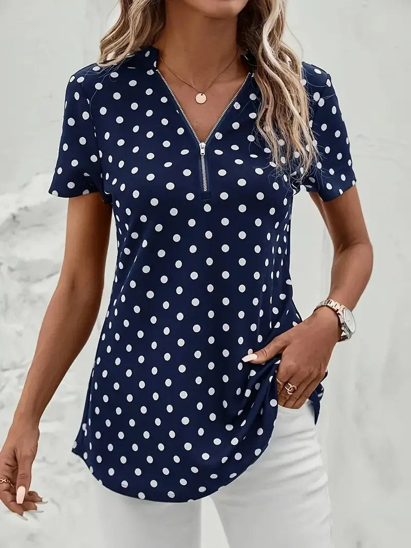 Polka Dots Print V Neck Blouse, Elegant Zipper Front Short Sleeve Blouse For Spring & Summer, Women's Clothing