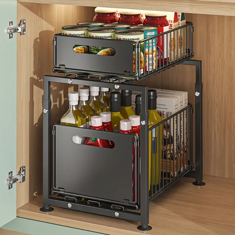 2-Tier Under Sink Organizer with Pull-Out Metal Drawers, Iron Cabinet Storage for Kitchen & Bathroom, Adjustable Height, Black