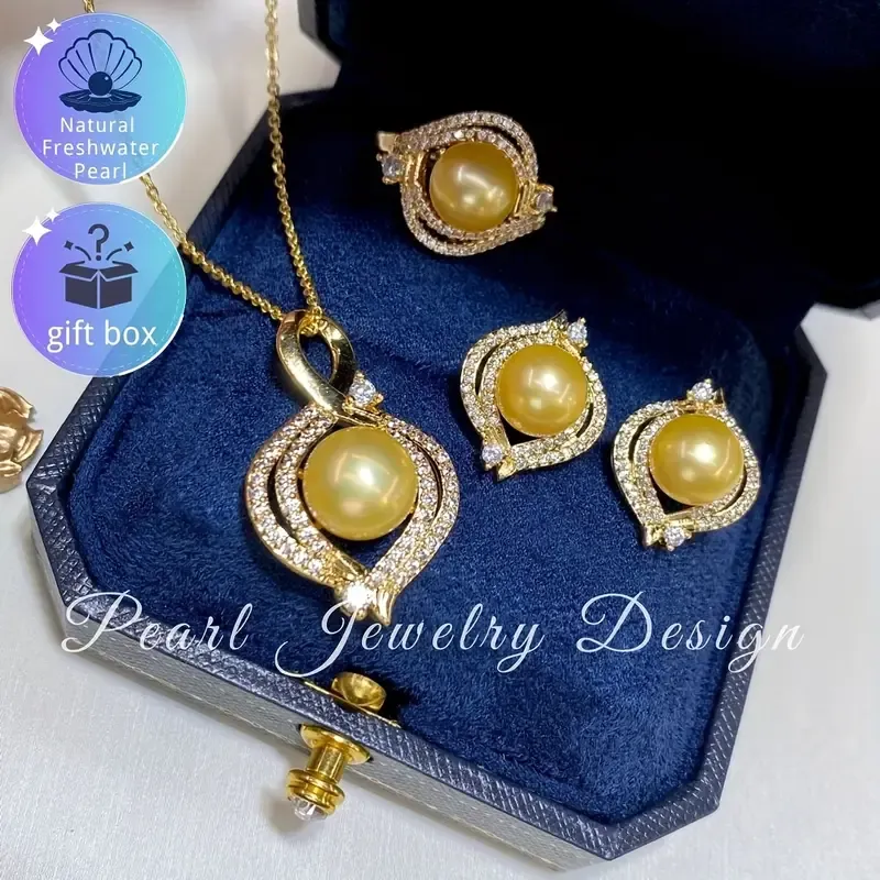 Freshwater Golden Pearl Set Necklace Pure Silvery Ear Pins Three-piece Set Between the Clavicle Style Simple and Elegant Pearl Warm and Exquisite Small and Elegant Tassel Simple but Not Simple Lucky Protection Precise and High-end Craftsmanship Holiday Gift Suitable for Birthday Gifts Christmas Gifts Anniversary Gifts Wedding Reception Party Banquet Gift Box Style Randomly Gifted
