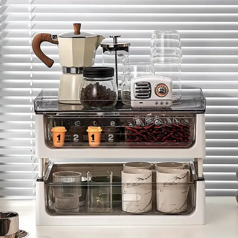 PVC Multi-Drawer Coffee Station Organizer, Cup and Snack Storage Rack with Tea Bag Compartment, Beverage Station Organizer, Kitchen Countertop Espresso Pod Holder