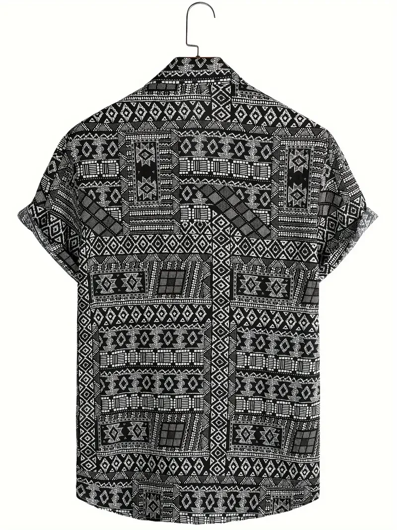 Ethnic Style Hawaiian Shirt, Men's Casual Allover Print Chest Pocket Button Up Short Sleeve Shirt For Summer Beach Vacation Resort