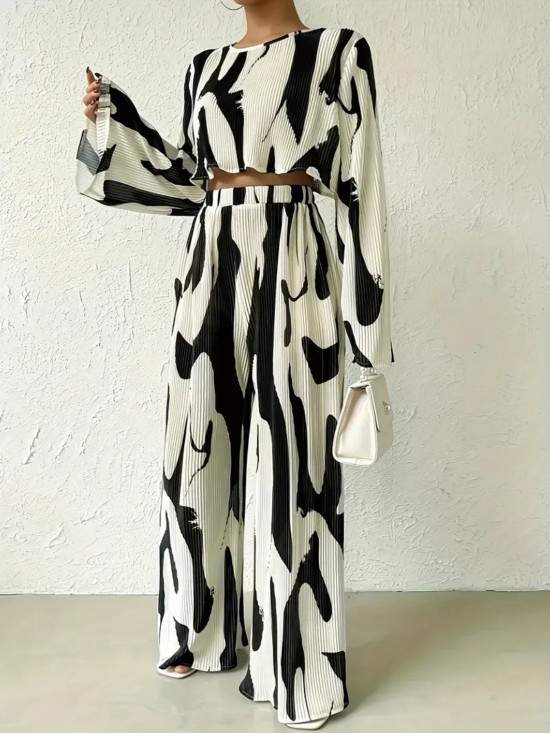Long Sleeve Two Tone Elegant Pantsuit, Crew Neck Top & Wide Leg Loose Pants, Women's Clothing