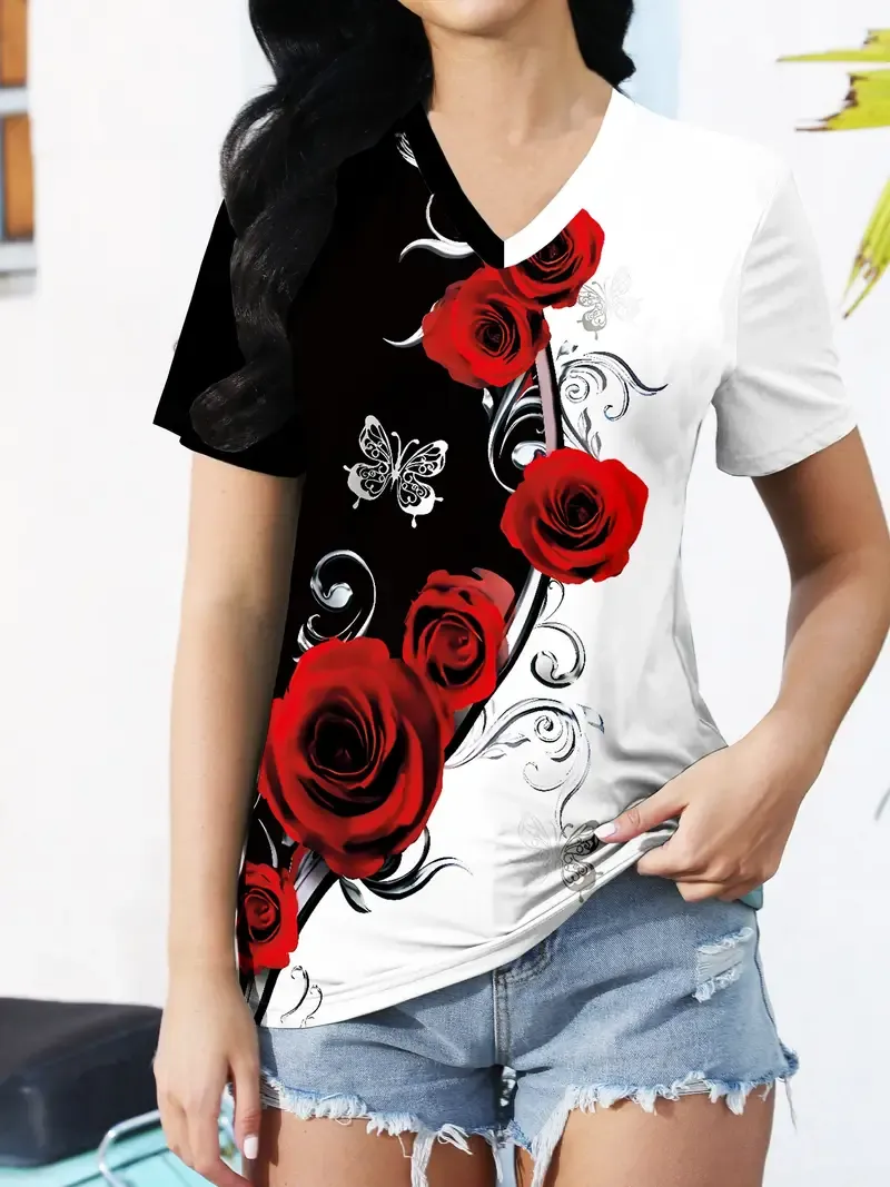 Vibrant Roses Print V-Neck Short Sleeve T-Shirt