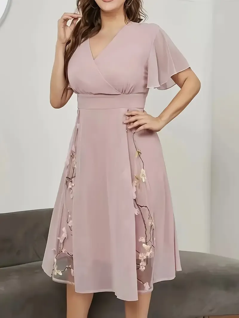 Floral Pattern High Waist Dress, Elegant Surplice Neck Flutter Sleeve Dress, Women's Clothing For Elegant Dressing