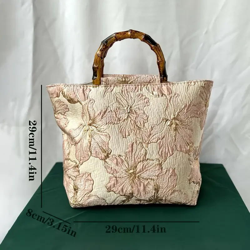 Double-Sided Floral Embroidery Bamboo Woven Tote Bag, Lightweight & Spacious, Stylish & Elegant Handbag With Adjustable Strap