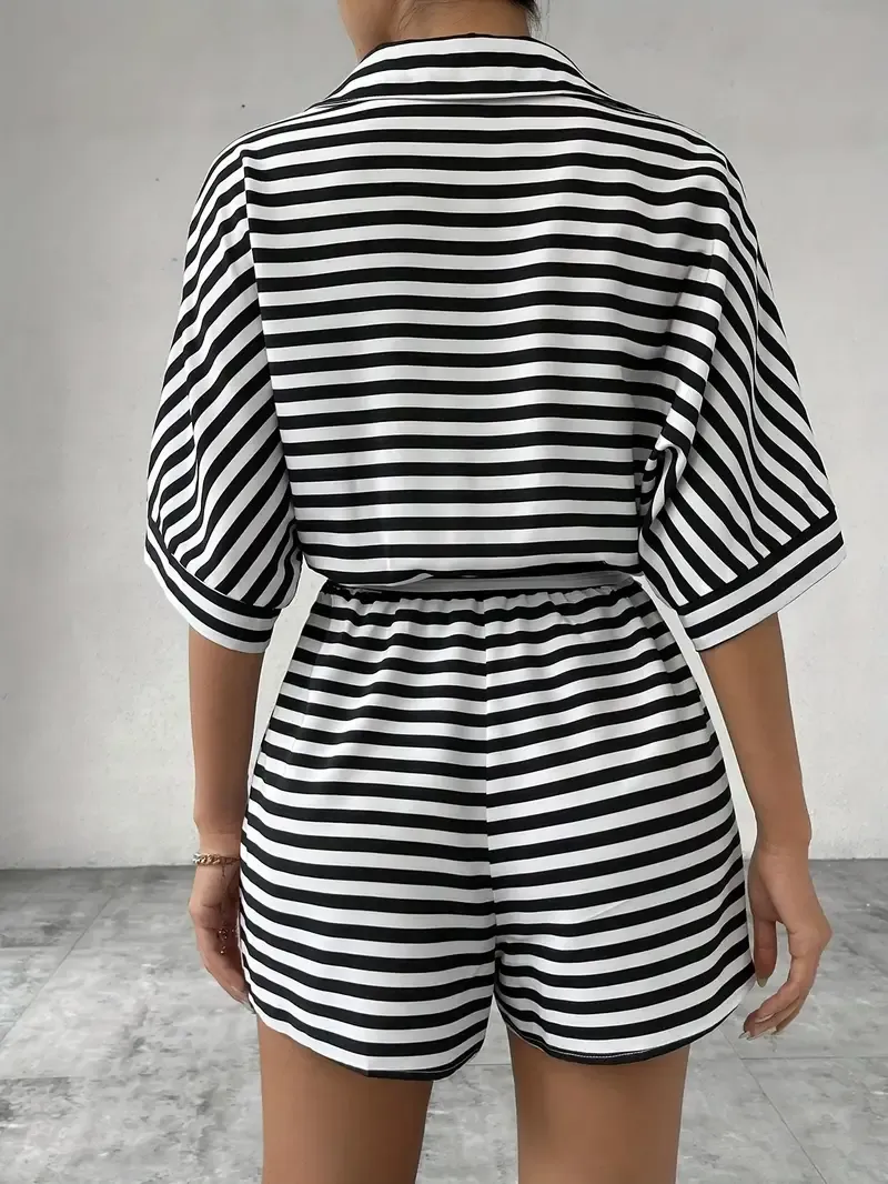 Striped Button Front Romper, Casual Short Sleeve Tie Waist Romper Jumpsuit For Spring & Summer, Women's Clothing
