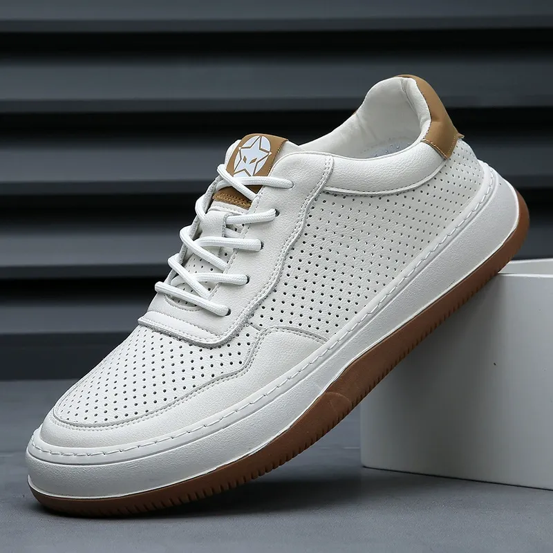 Summer new style sneakers for men, genuine leather, breathable, cool shoes, men's hollowed-out thick-soled white shoes