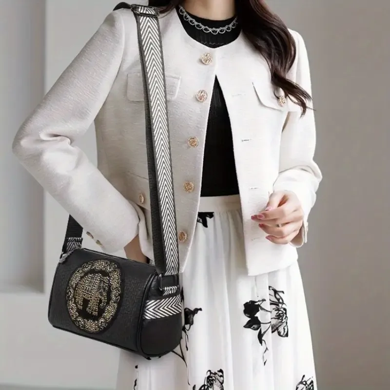Women's Fashion Shoulder Bag, Trendy Boston Crossbody Bag With Geometric Pattern Strap, Elegant All-Match PU Leather Handbag