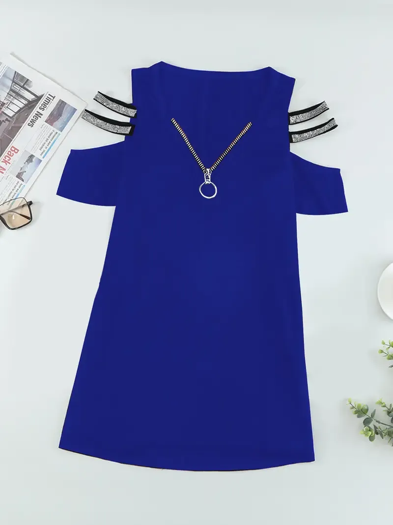 Women's Casual Rhinestone Embellished Cut Out Sleeve V Neck Top and Ripped Shorts - Fashionable