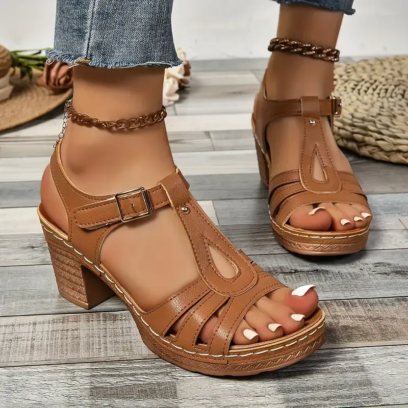 Womens Summer Stacked Heel Open Toe