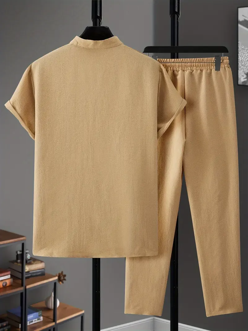 Men's Casual Outfit Set, Polyester Blend, V-Neck, Pockets, Regular Fit, Machine Washable, No Print