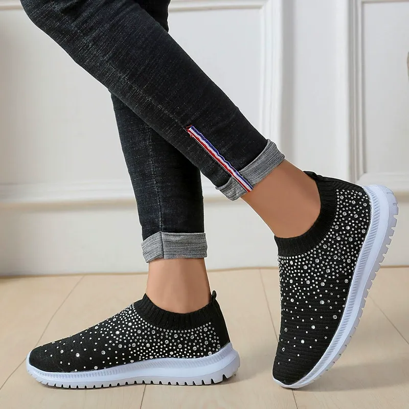 Rhinestone elastic socks shoes casual men's and women's sports shoes MD bottom flying woven breathable light shoes
