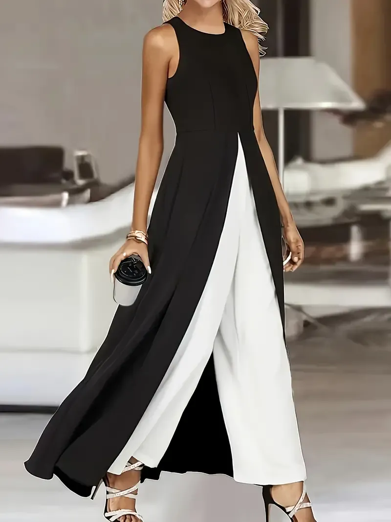 Elegant Sleeveless Spring & Summer Color Block Crew Neck Jumpsuit, Wide Leg Women's Clothing