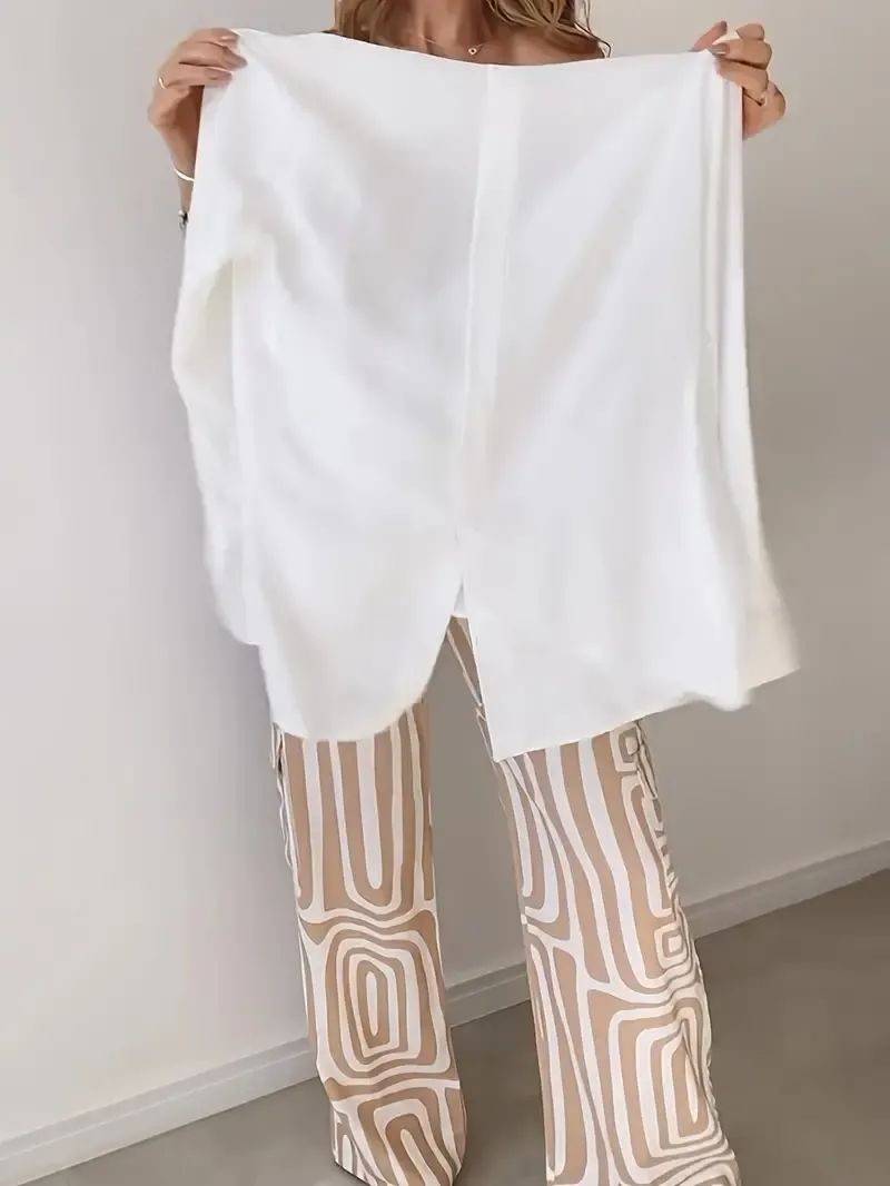 Long Sleeve Striped Print Pantsuits, Elastic Waist Color Block Pants & Button Front Shirt Outfits, Women's Clothing