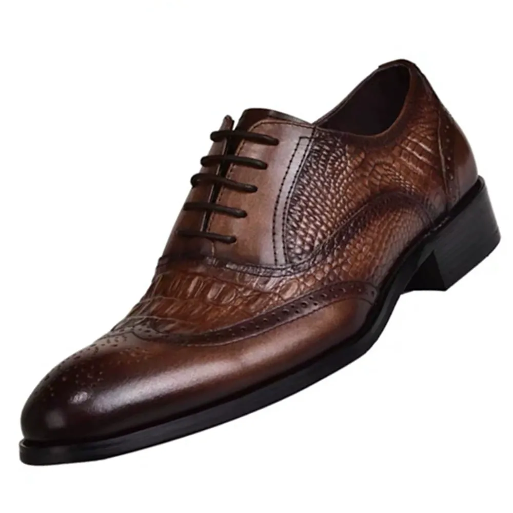 Brogue Oxford men's distressed vintage leather shoes with crocodile pattern, large size