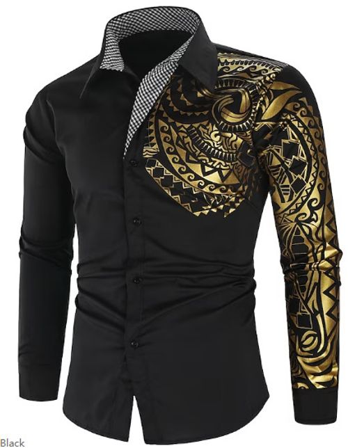 Retro Style Pattern Men's Long Sleeve Button Up Shirt, Spring Fall, Men's Clothing