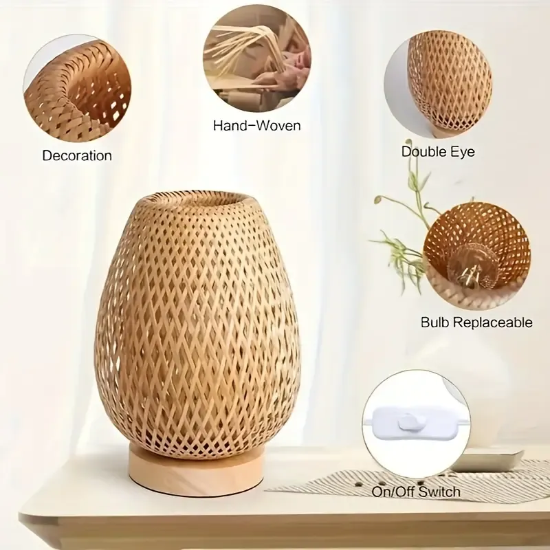 1pc Retro Japanese Style Desk Lamp, Bamboo Woven Desk Lamp, Creative Handmade Rattan, Bedroom, Dining Room, Bedside Desk Lamp, USDLED Desk Lamp, Wooden House Decoration Desk Lamp