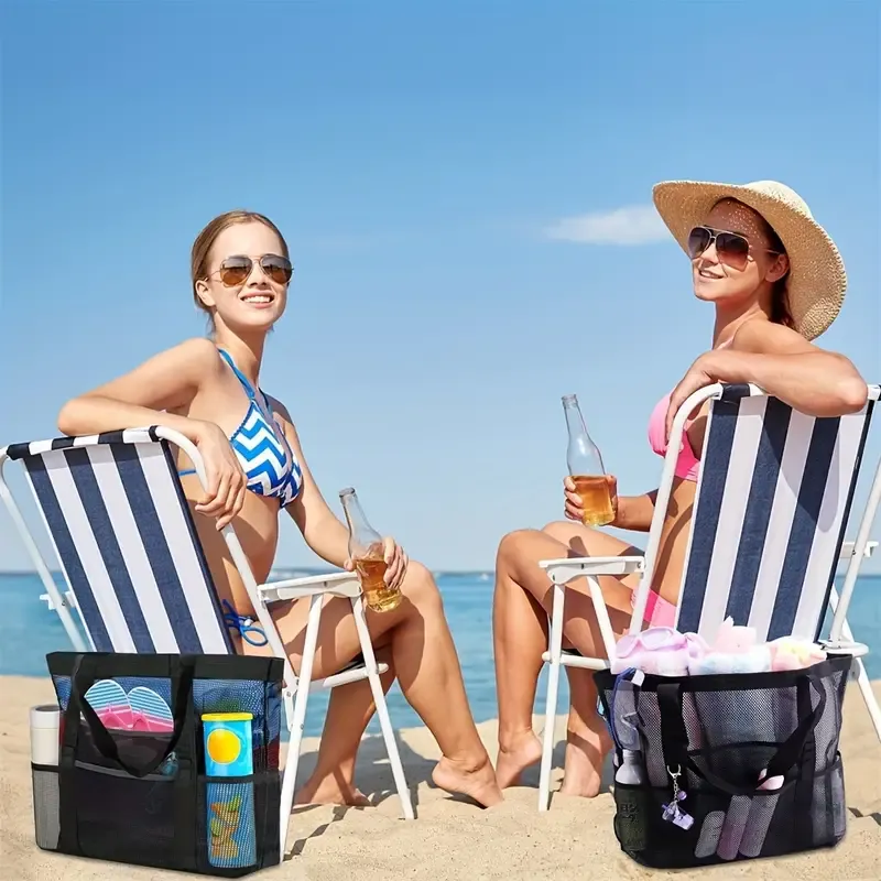 Extra-Large Mesh Beach Tote - Sandproof Swim Bag with Zipper & Pockets, Lightweight & Foldable for Pool, Boat, and Vacation Essentials
