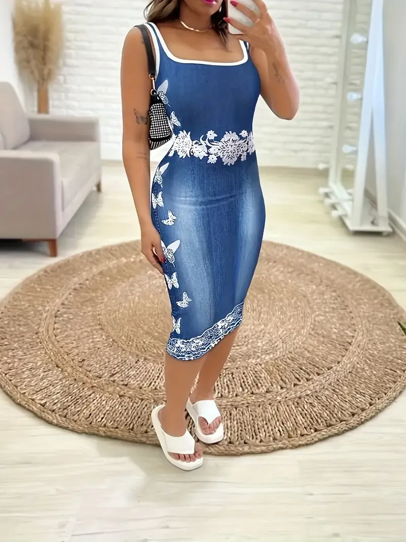Butterfly Print Square Neck Tank Dress, Casual Backless Sleeveless Slim Dress For Spring & Summer, Women's Clothing