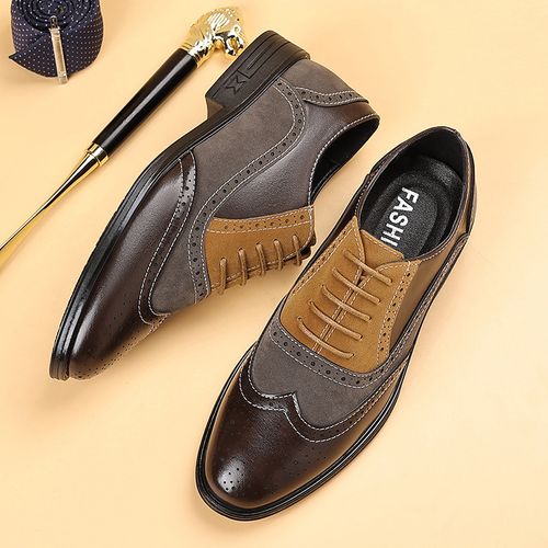 Plus-size formal men's shoes, brogue detailing, trendy men's business casual leather shoes, breathable new style, British color blocking.