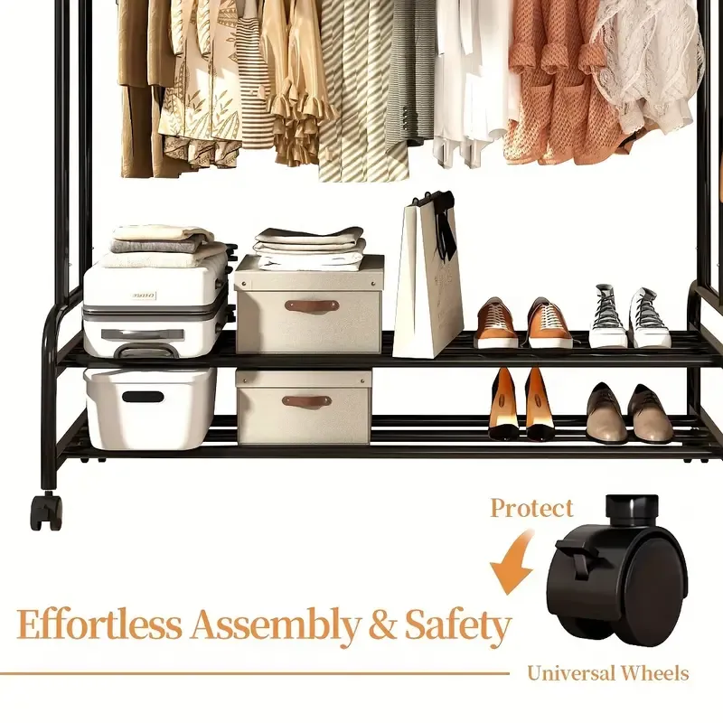 Sturdy Metal Double Rodding Clothes Rack With Wheels