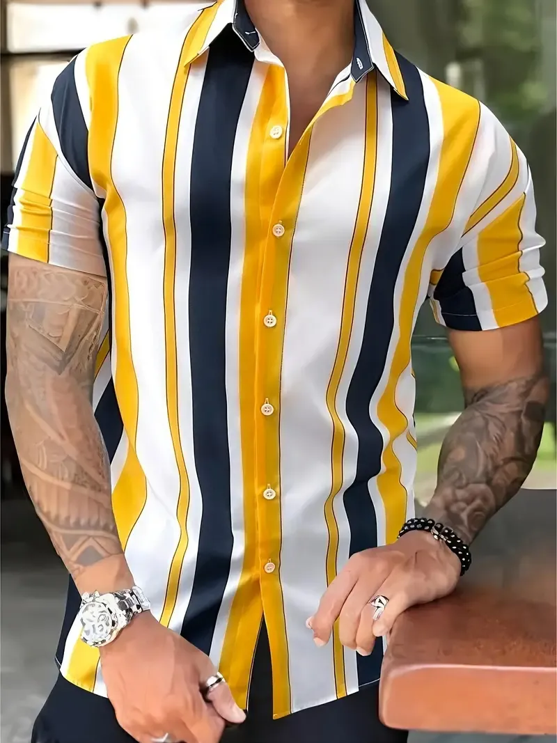 Striped Print Men's Summer Fashionable And Simple Short Sleeve Button Casual Lapel Shirt, Trendy And Versatile, Suitable For Dates, Beach Holiday, As Gifts