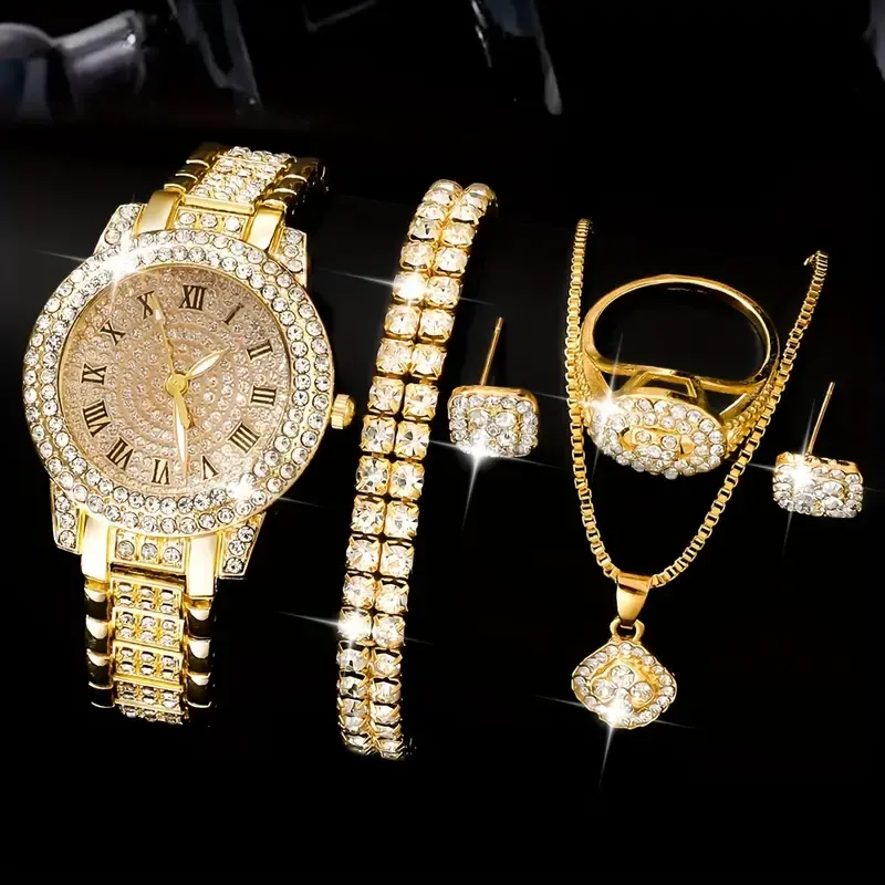 Watch Luxury Rhinestone Quartz Watch Shiny Fashion Analog Wrist Watch & Jewelry Set, Gift For Mom Her