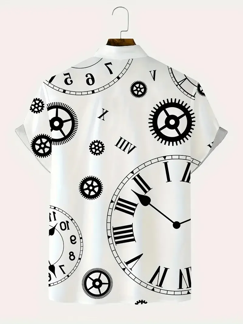 Retro Clocks Random Print Men's All-match Short Sleeve Lapel Shirt, Summer Holiday Top