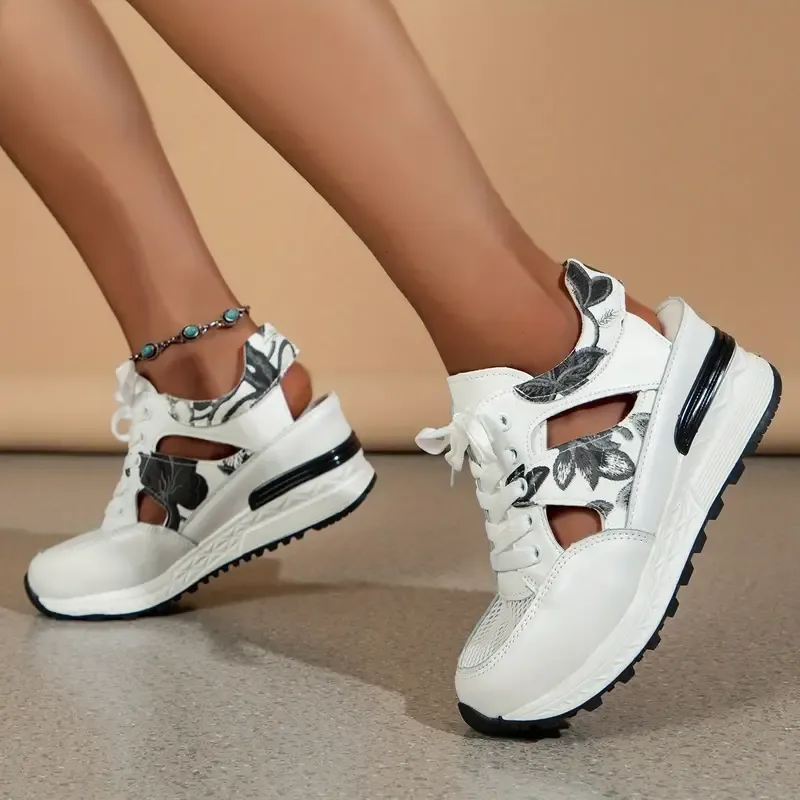 Thick Soled Leaf Embroidered Women's Wedge Sandals, Lace Up Mesh Sports Comfort Casual Sneakers